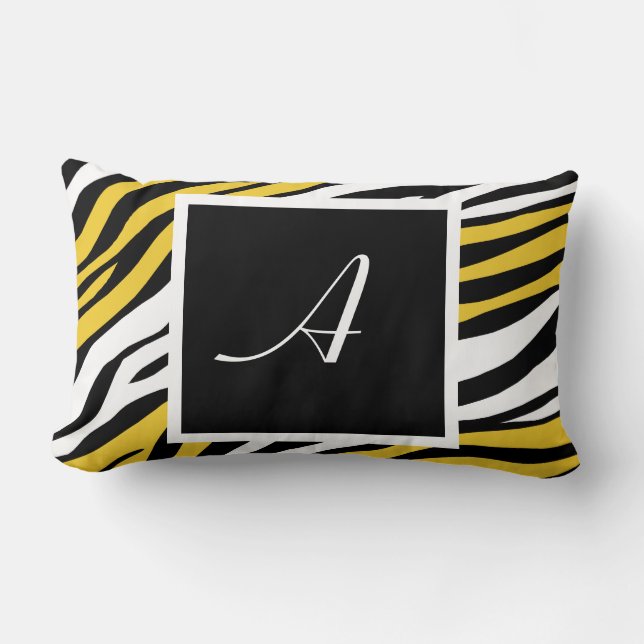 Zebra Print Yellow Mix Monogram Lumbar Pillow (Front)