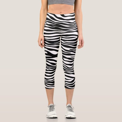 Zebra Print Zebra Stripes Black And White Capri Leggings
