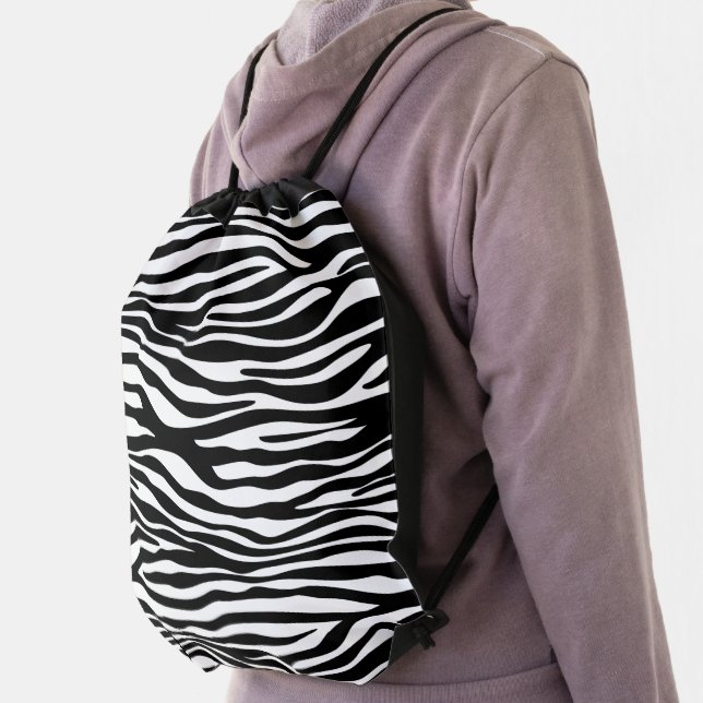 Zebra Print, Zebra Stripes, Black And White Drawstring Bag (Insitu)