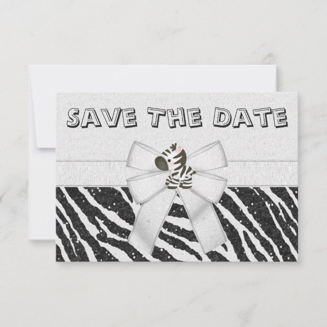 Zebra & Printed Bow Baby Shower Save the Date (Front)