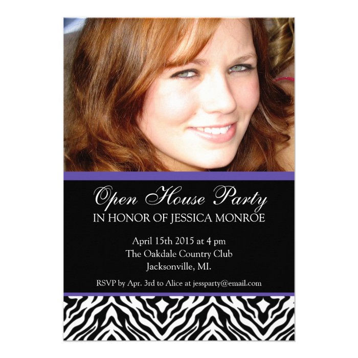 Zebra Purple Accent Photo Open House Graduation In Personalized Invites