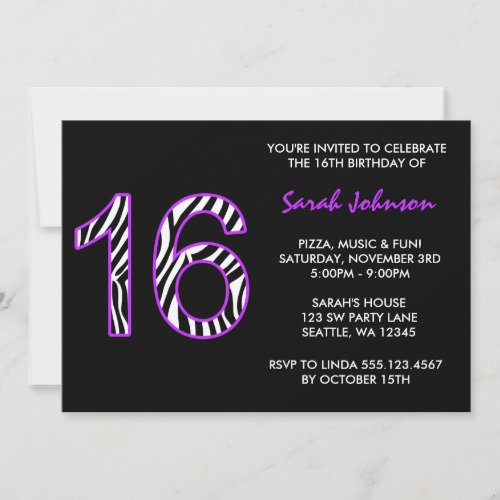 Zebra Purple and Black Sweet 16 Birthday Announcement