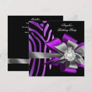 Zebra Purple Black Silver Bow Pearl Birthday 2 Invitation