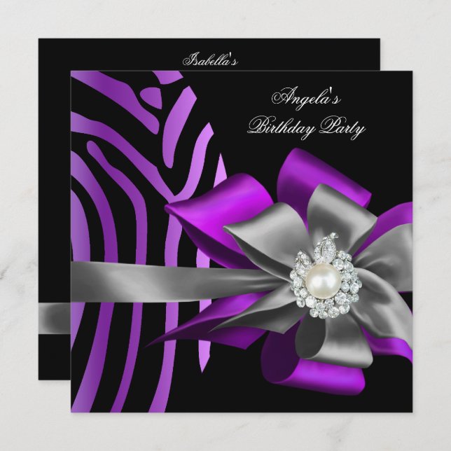 Zebra Purple Black Silver Bow Pearl Birthday 2 Invitation (Front/Back)