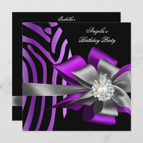 Zebra Purple Black Silver Bow Pearl Birthday 2 Invitation