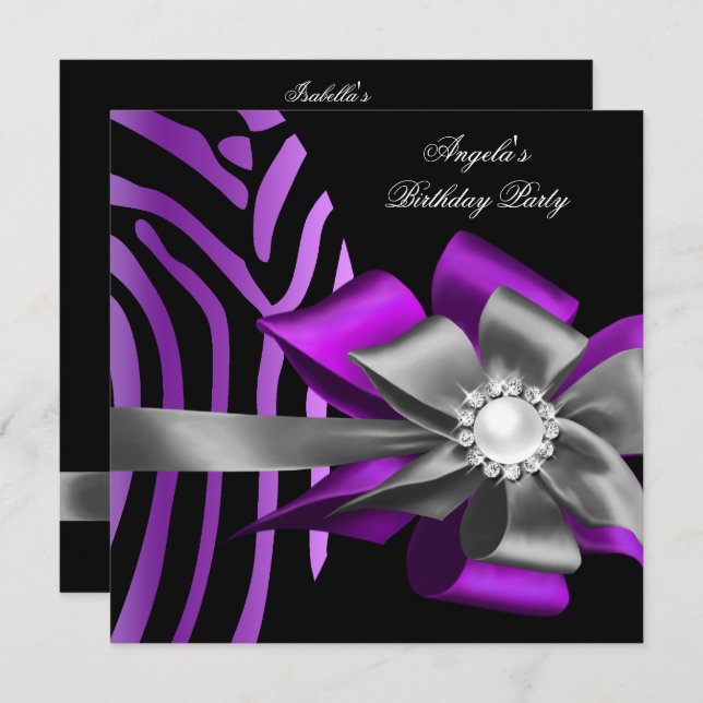 Zebra Purple Black Silver Bow Pearl Birthday Invitation (Front/Back)