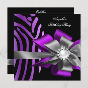 Zebra Purple Black Silver Bow Pearl Birthday Invitation