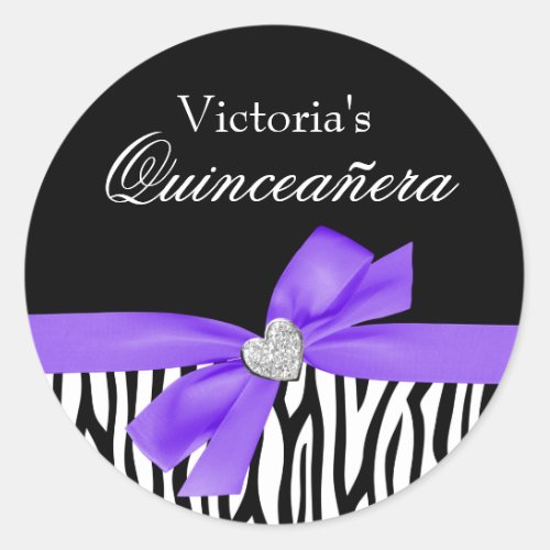 Zebra Purple Bow Diamond Quinceanera Classic Round Sticker