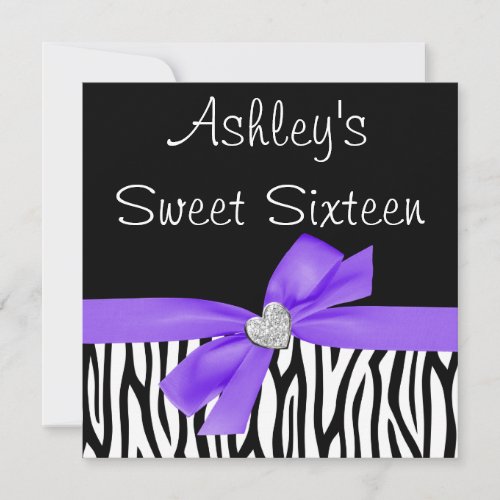 Zebra Purple Bow Diamond Sweet 16 Invitations