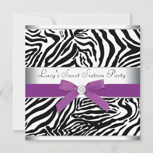 Zebra Purple Bow Purple Zebra Sweet 16 Birthday Invitation