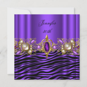 Zebra Purple Gold on Black Birthday Party Invitation