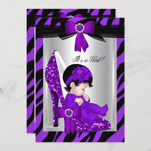 Zebra Purple High Heels Baby Shower Brunette Girl Invitation