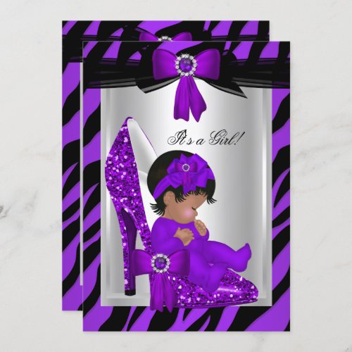 Zebra Purple High Heels Baby Shower Ethnic Girl Invitation