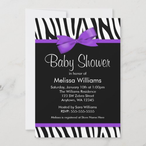 Zebra Purple Printed Bow Baby Shower Custom Announcement