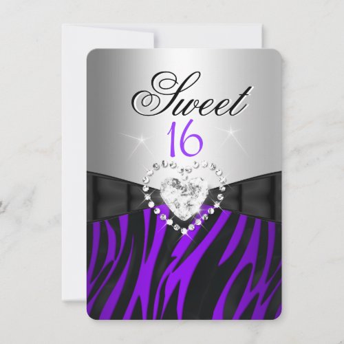 Zebra Purple Silver Sweet 16 Sixteen Birthday Invitation