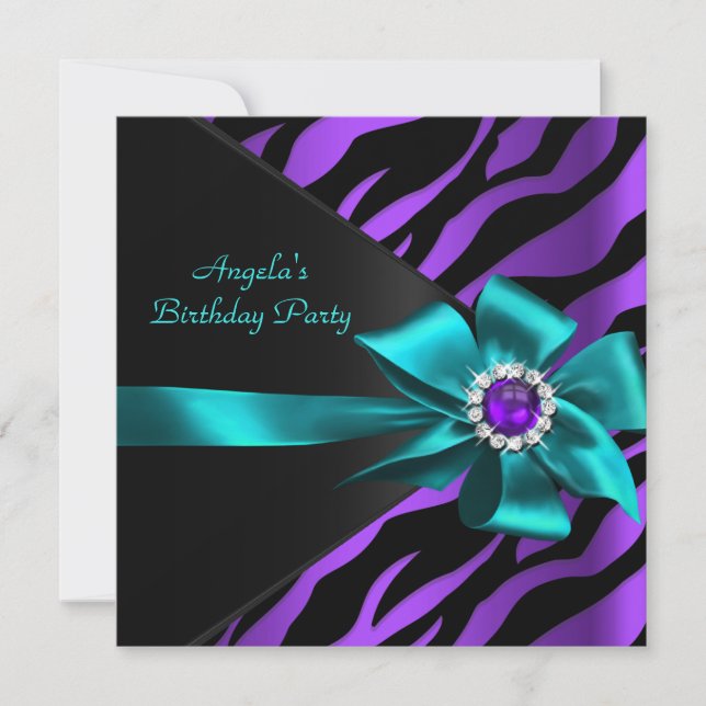 Zebra Purple Teal Birthday Party Blue Black Invitation (Front)