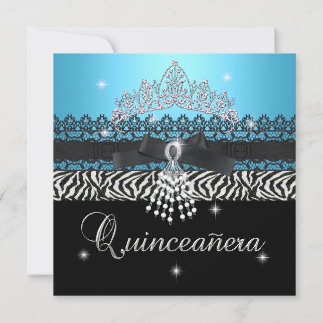 Zebra Quinceanera 15th Birthday Party Blue Black Invitation (Front)