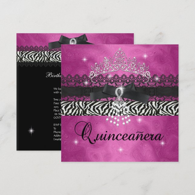 Zebra Quinceanera 15th Birthday Party Pink Black Invitation (Front/Back)
