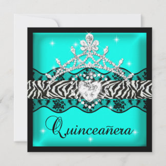 Zebra Quinceanera 15th Birthday Party Teal Lace Invitation