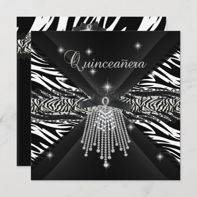 Zebra Quinceanera 15th White Black Zebra Lace 3 Invitation (Front/Back)