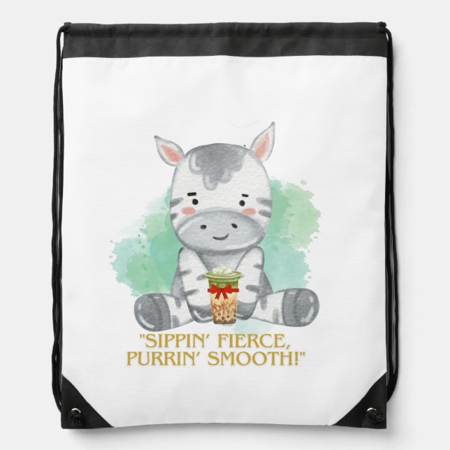 zebra quote cartoon drinking bobba tea drawstring bag (Front)
