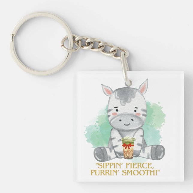 zebra quote cartoon drinking bobba tea keychain (Front)