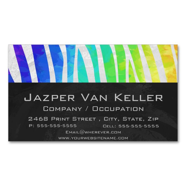 Zebra Rainbow and White Print Business Card Magnet (Front)
