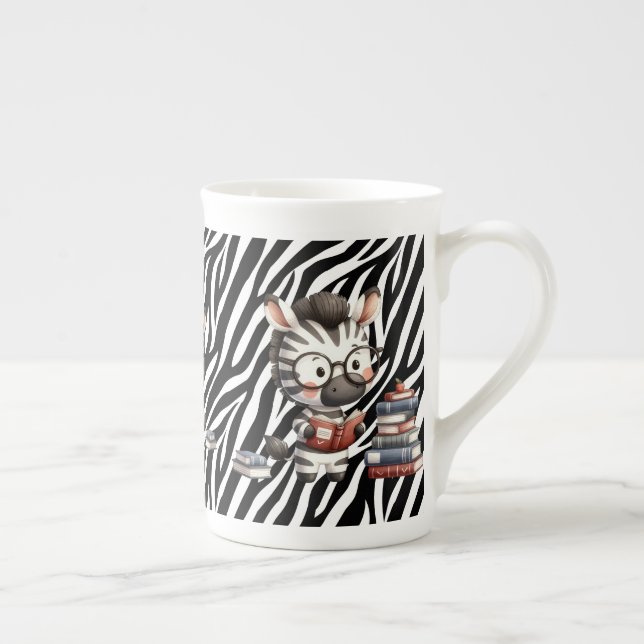 Zebra Reading Books. Bone China Mug (Right)