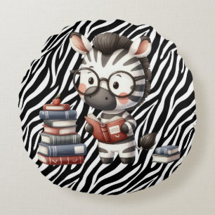 Zebra Reading Books. Round Pillow
