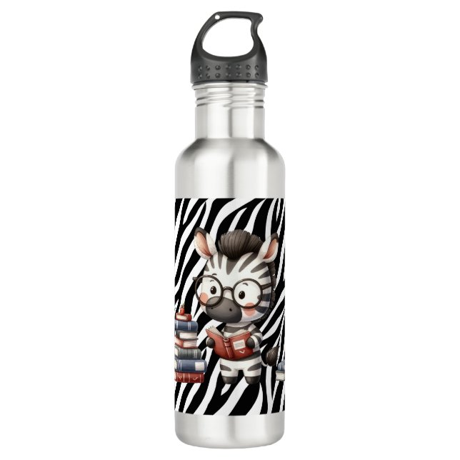 Zebra Reading Books. Stainless Steel Water Bottle (Front)