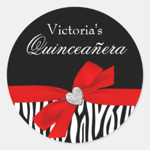 Zebra Red Bow Diamond Quinceanera Classic Round Sticker