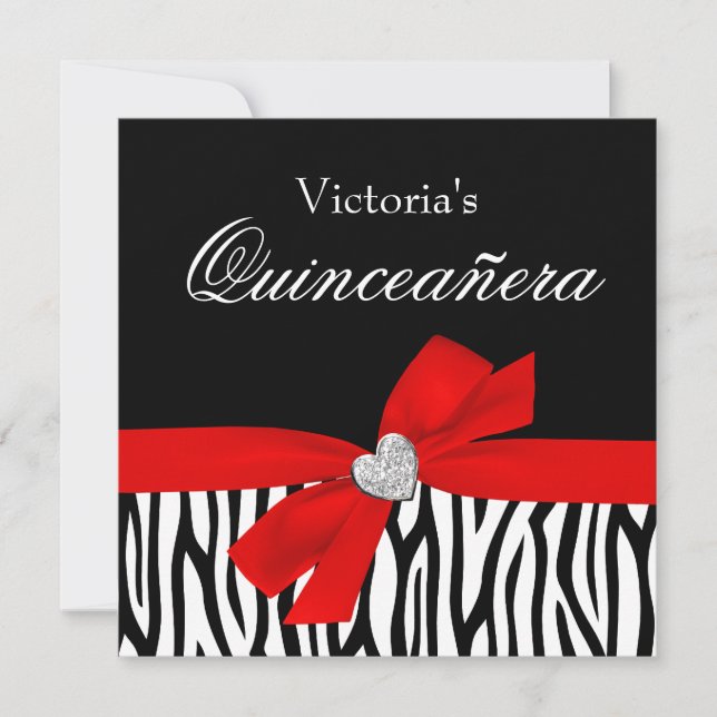 Zebra Red Bow Diamond Quinceanera Invitations (Front)