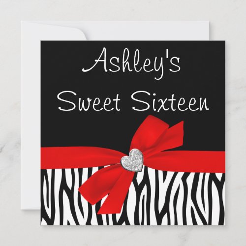 Zebra Red Bow Diamond Sweet 16 Invitations