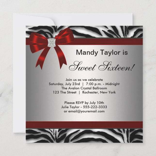 Zebra Red Bow Fancy Sweet Sixteen Invitation (Front)