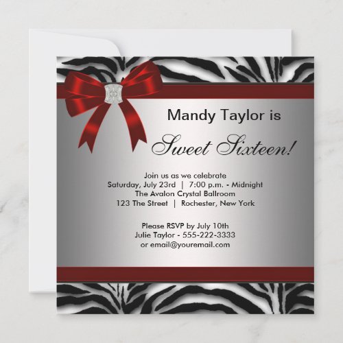 Zebra Red Bow Fancy Sweet Sixteen Custom Invites