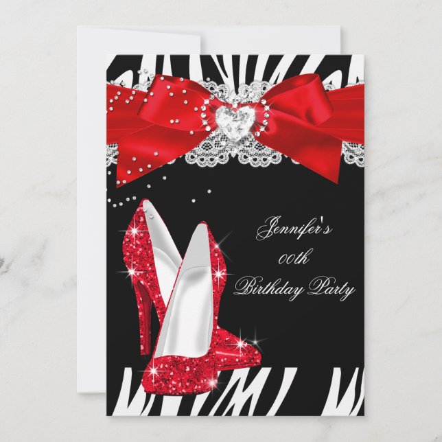 Zebra Red Glitter High Heel Shoe Birthday Invitation (Front)