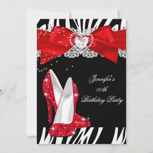 Zebra Red Glitter High Heel Shoe Birthday Invitation