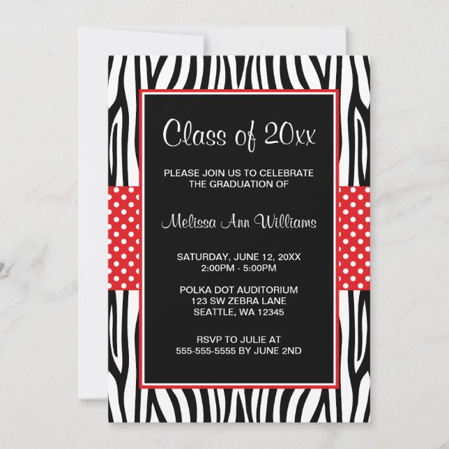 Zebra Red Polka Dot Graduation Announcement (Front)