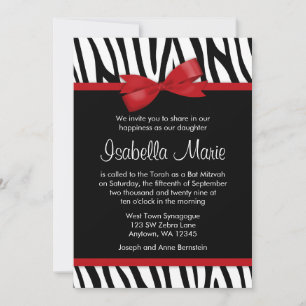 Zebra Red Printed Bow Bat Mitzvah Invitations