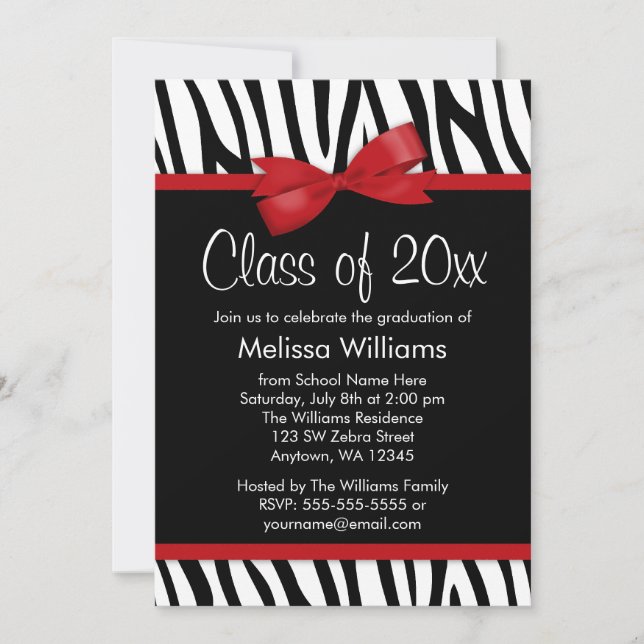 Zebra Red Printed Bow Graduation Party Invitation (Front)