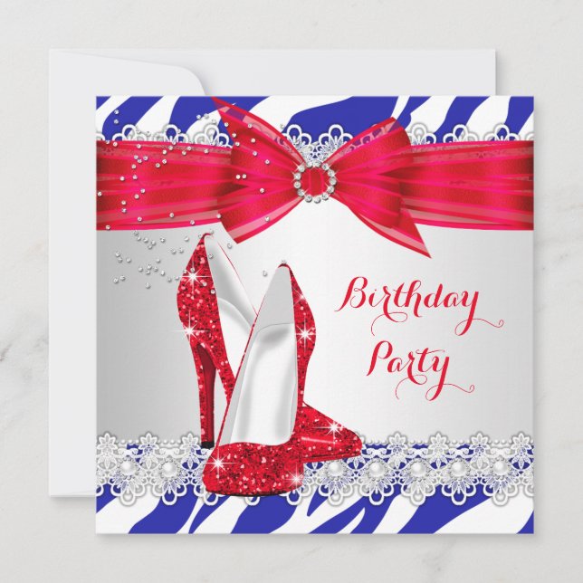 Zebra Red White Blue Heel Lace Pearl Birthday Invitation (Front)