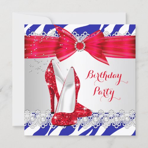 Zebra Red White Blue Heel Lace Pearl Birthday Invitation