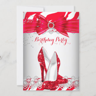 Zebra Red White High Heel Lace Pearl Birthday Invitation