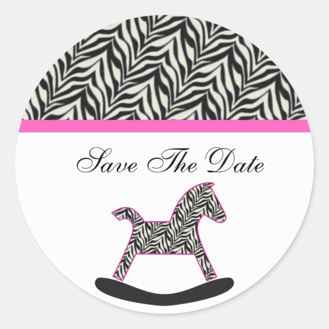 Zebra Rocking Horse Save The Date Stickers (Front)