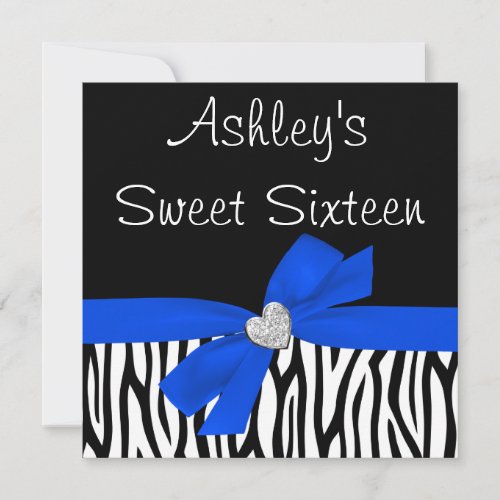 Zebra Royal Blue Bow Diamond Sweet 16 Invitations
