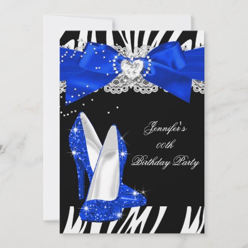 Zebra Royal Blue Glitter High Heel Shoe Birthday Invitation