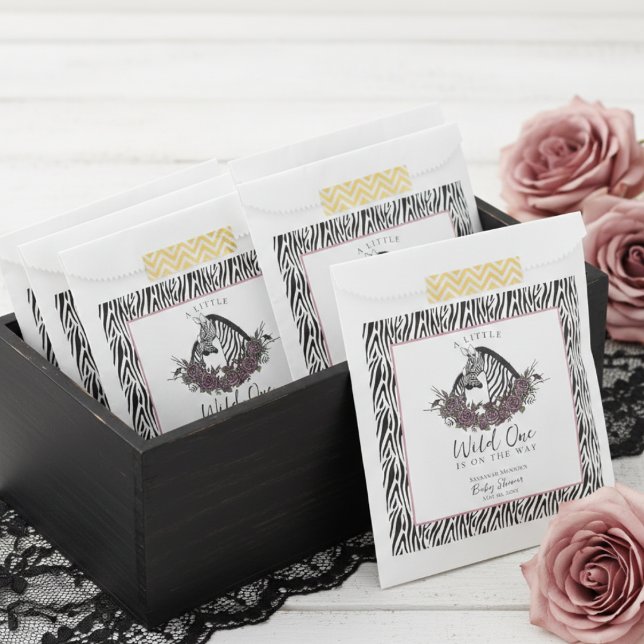 Zebra Safari Baby Shower Little Wild One Party Favor Bag (Cute Jungle Animals Baby Shower Favor Bags with Baby Zebra, Mama Zebra, Zebra Print and Pink Border)