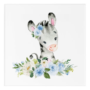 Zebra, Safari, Jungle, Blue Flowers, Boy Nursery Acrylic Print