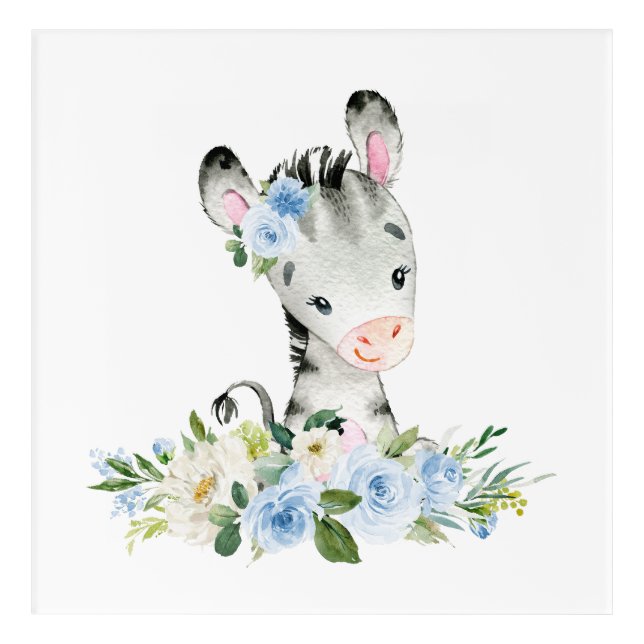 Zebra, Safari, Jungle, Blue Flowers, Boy Nursery Acrylic Print (Front)