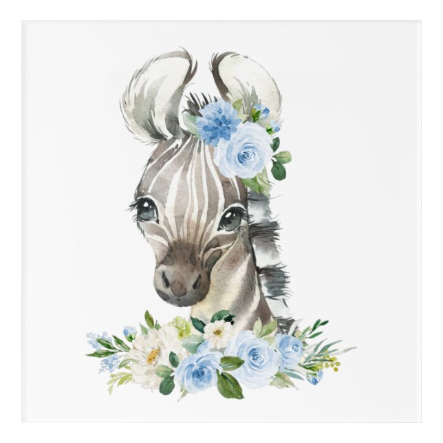 Zebra, Safari, Jungle, Blue Flowers, Boy Nursery Acrylic Print (Front)